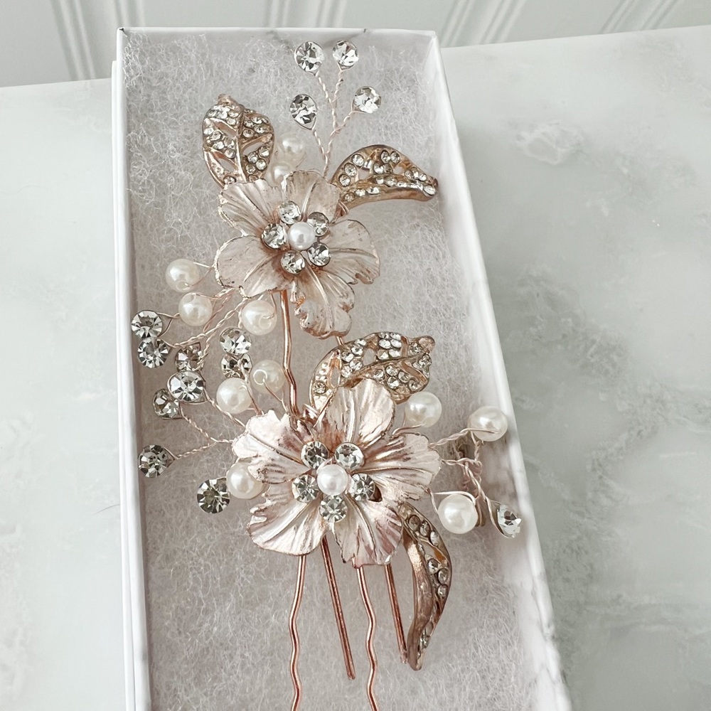 Rose Gold Crystal and Pearl Flower Bridal Hair Pins Set of 3